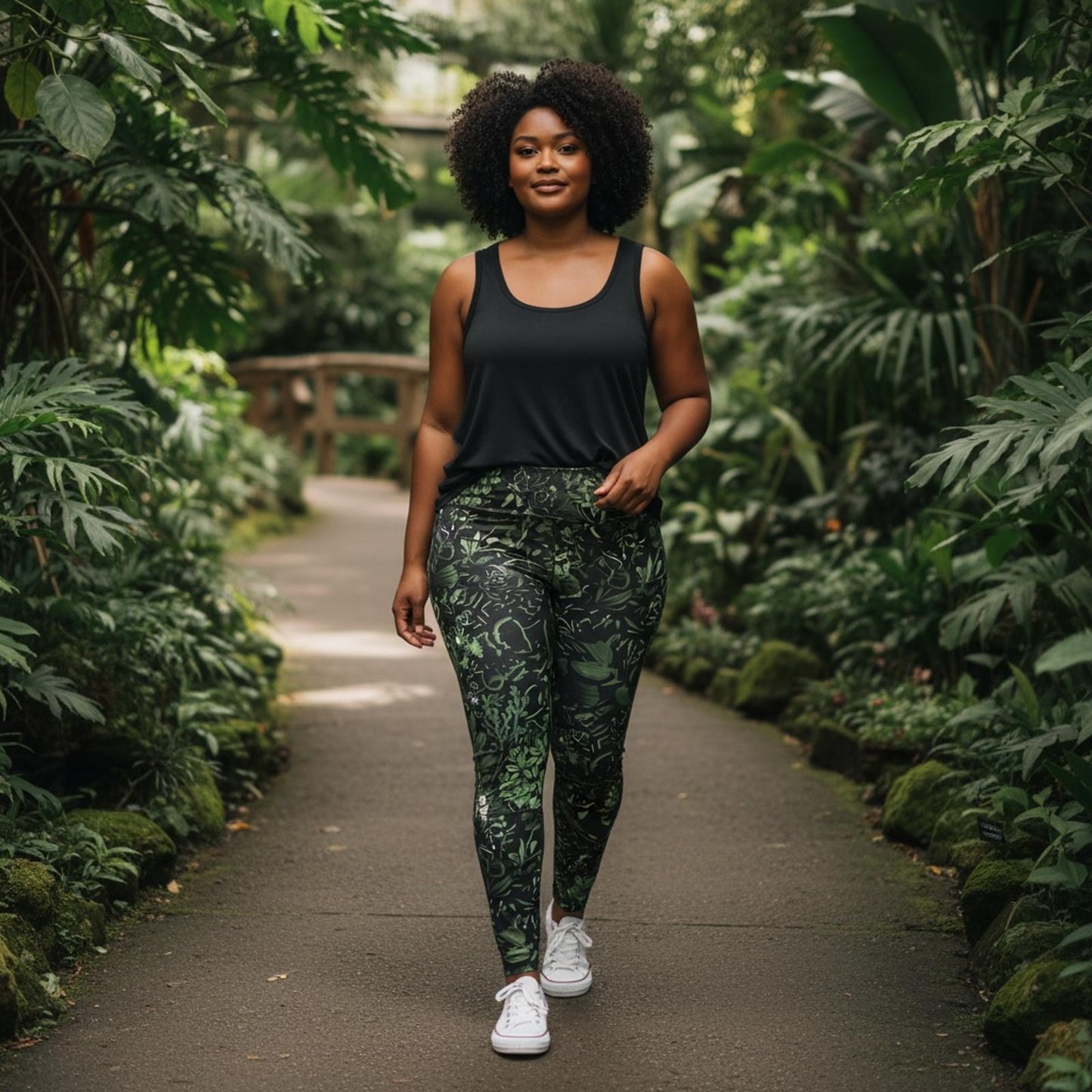 Women's Green and Black Patterned Activewear Leggings Large