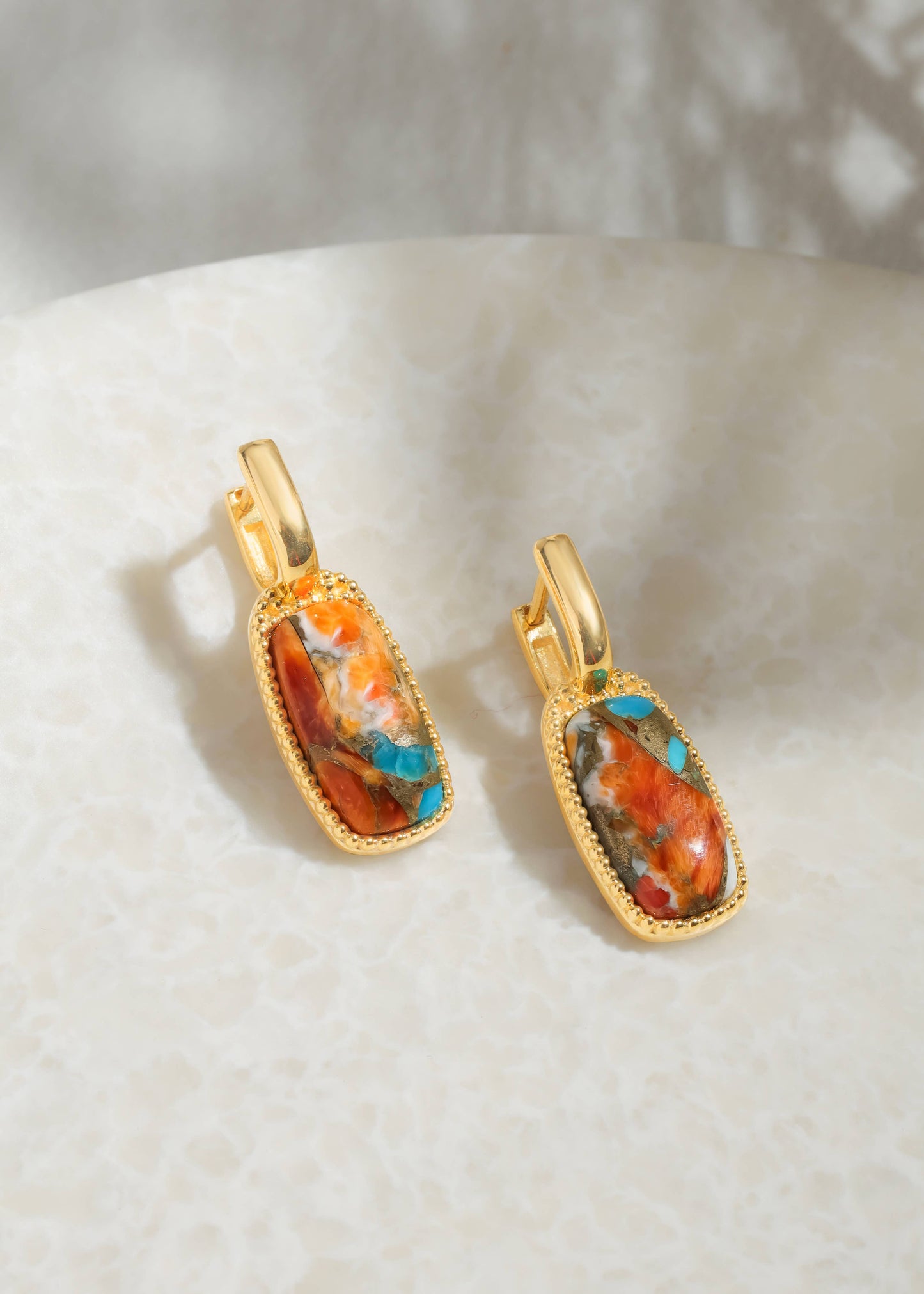 Gold Plated Spiny Oyster Turquoise Composite Drop Earrings
