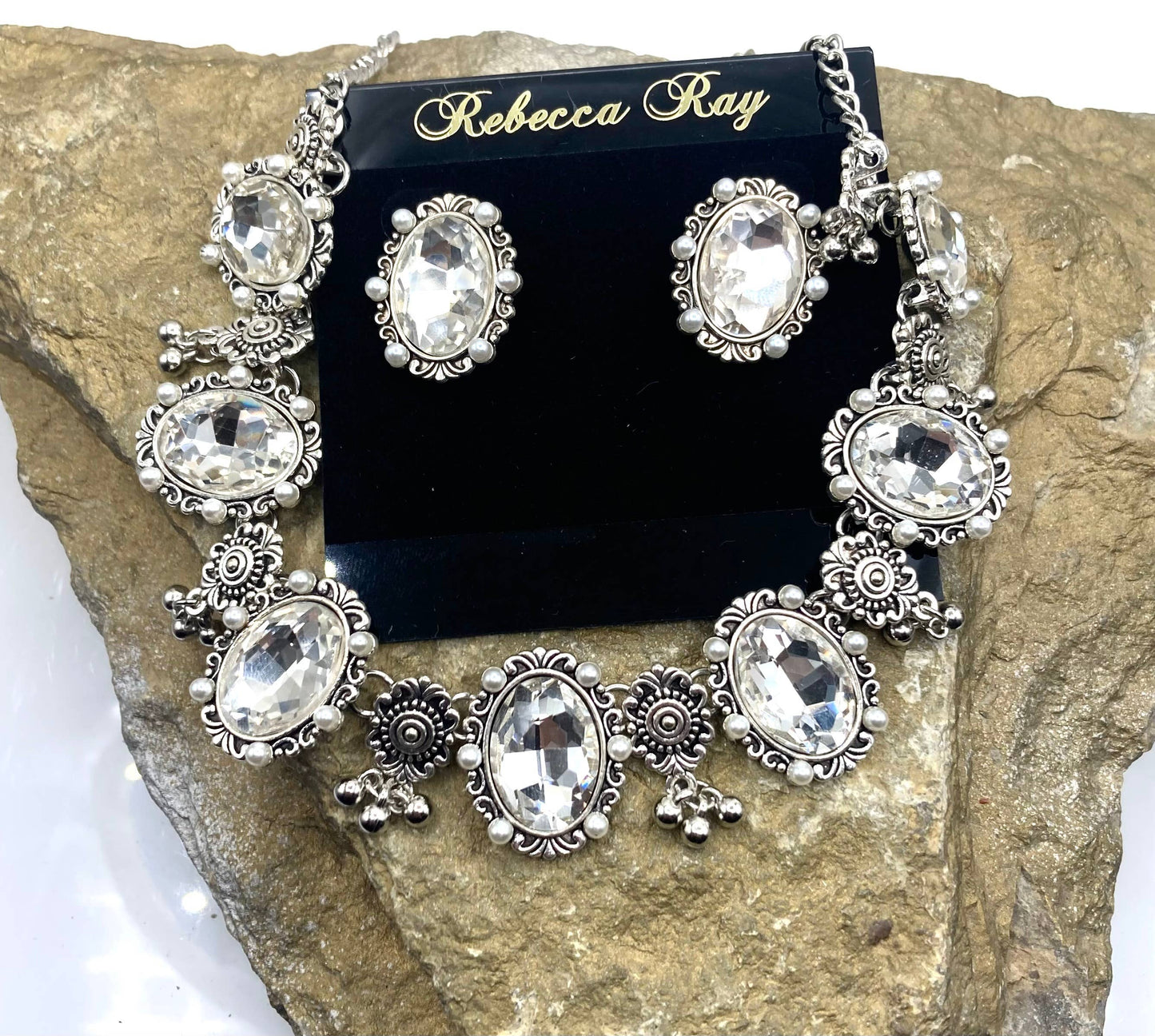 Vintage Crystal and Pearl Statement Necklace and Earring Set