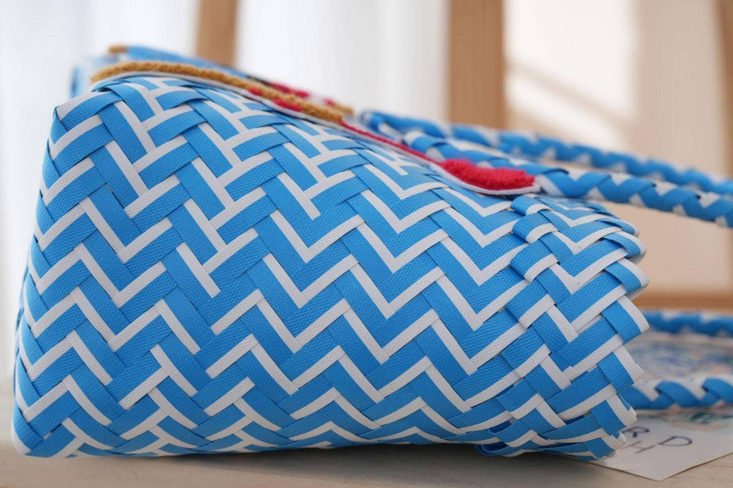 Dachshund Dog PVC Woven Handbag Beach Picnic Basket: Blue / M