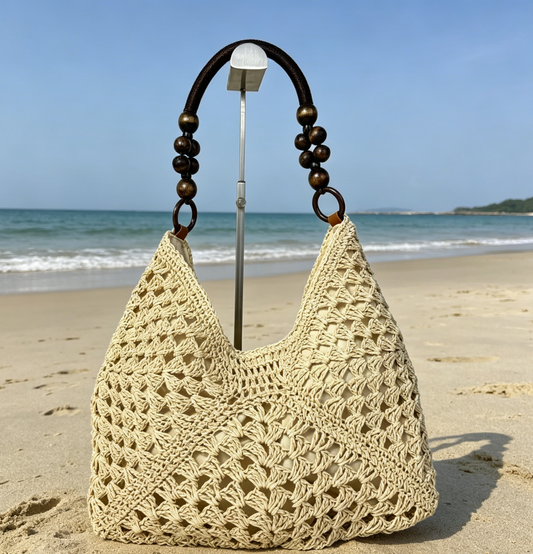 Crochet Straw Hobo Bag Bead Hollow Shoulder Bag: Khaki / M