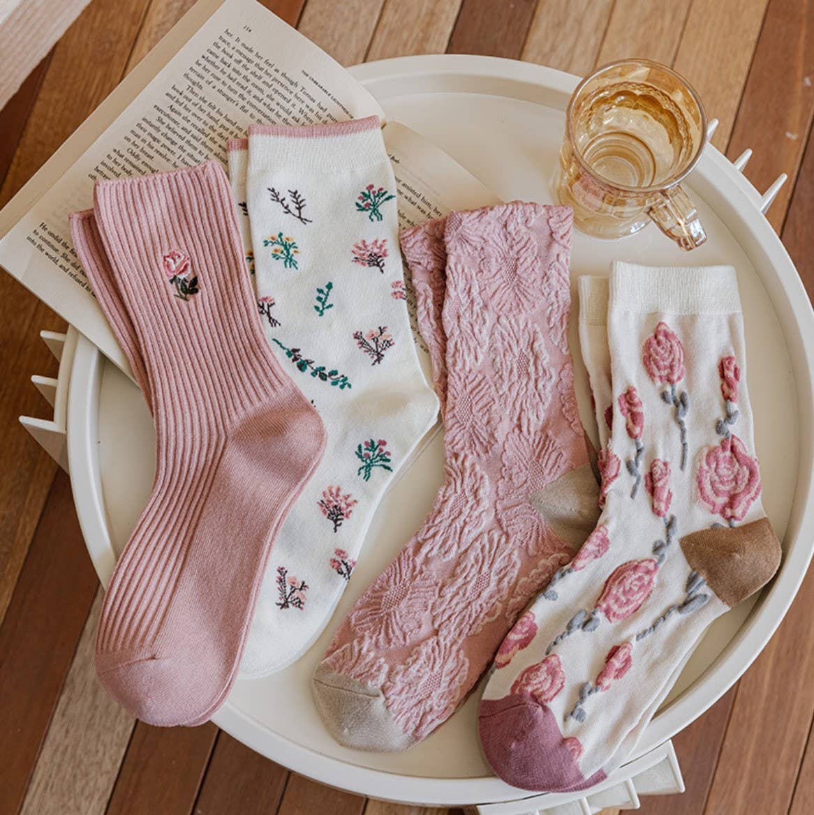 JCS015 White-Pink Floral Spring/Summer Socks: Assorted 4 pair per pack/ 1 pattern per pair/ min. 5 packs 20 pairs