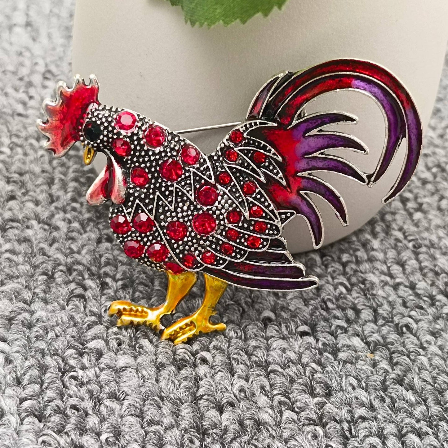 Colored Rhinestone Enamel Rooster Brooch: Red