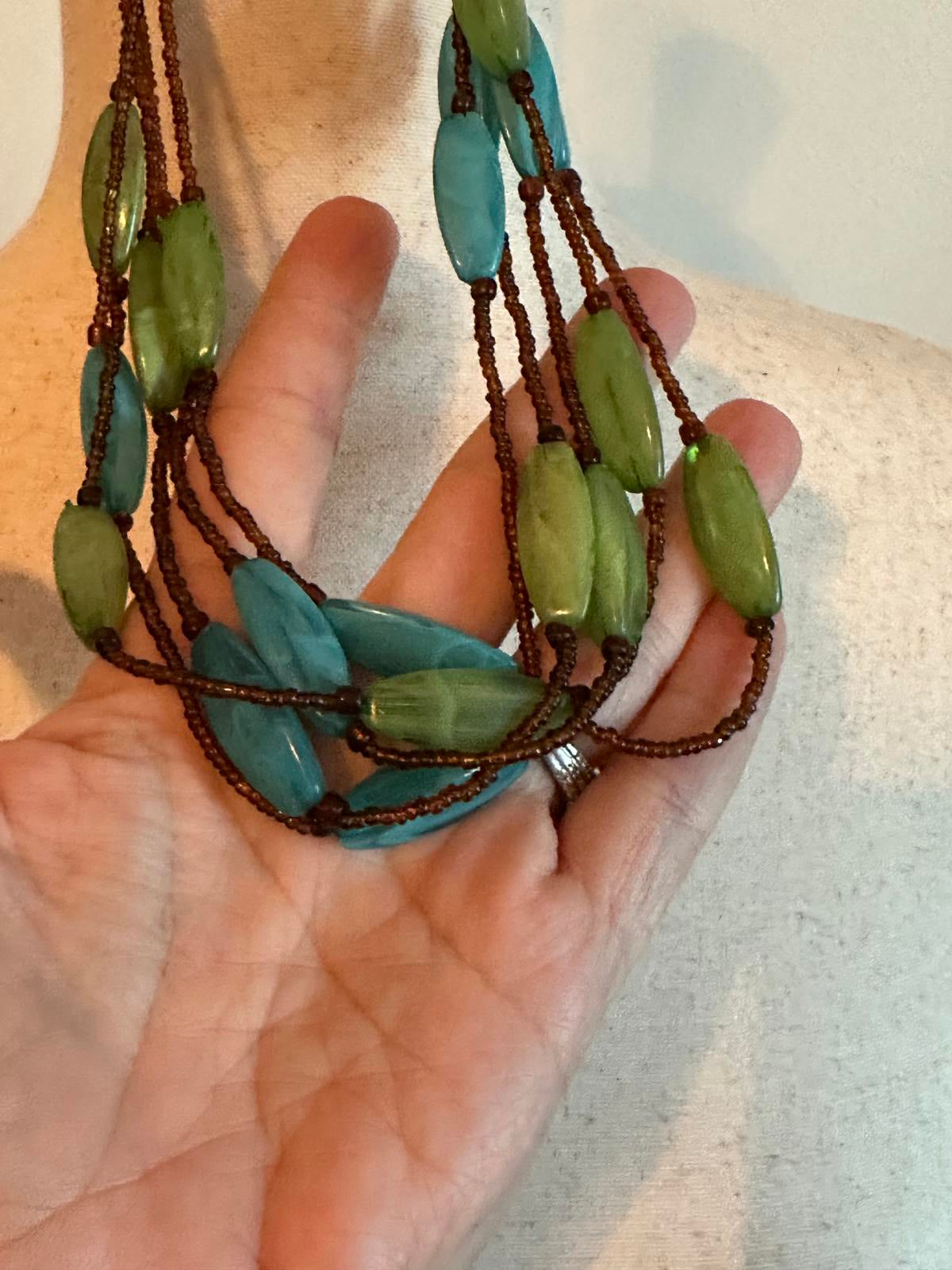 Multi-Strand Blue and Green Beaded Necklace