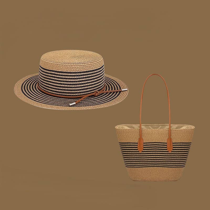 Beach Striped Straw Hat & Straw Tote Combo Set: B1 / M