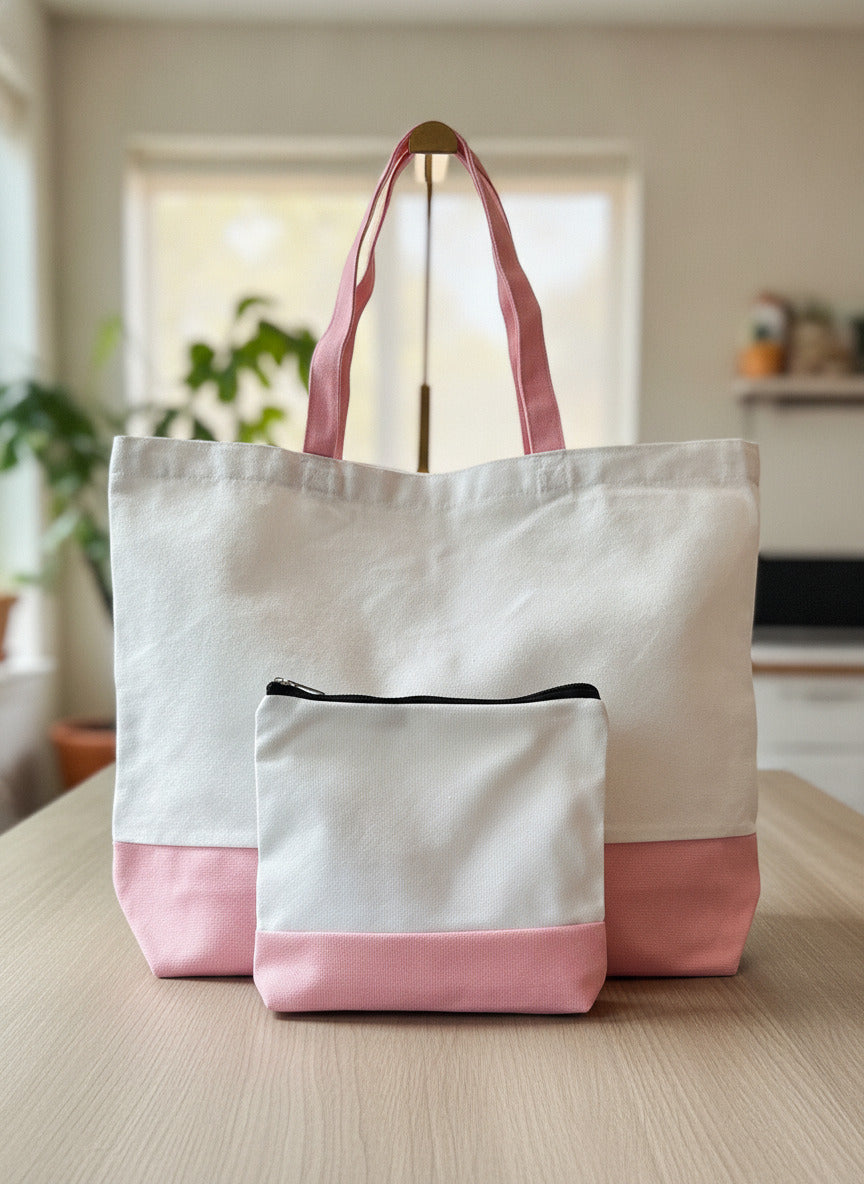 Two-Piece Canvas Tote Bag Set with Pink Accents