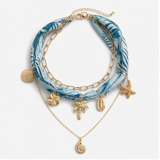 Starfish and Shell Charm Layered Scarf Necklace-7: A7