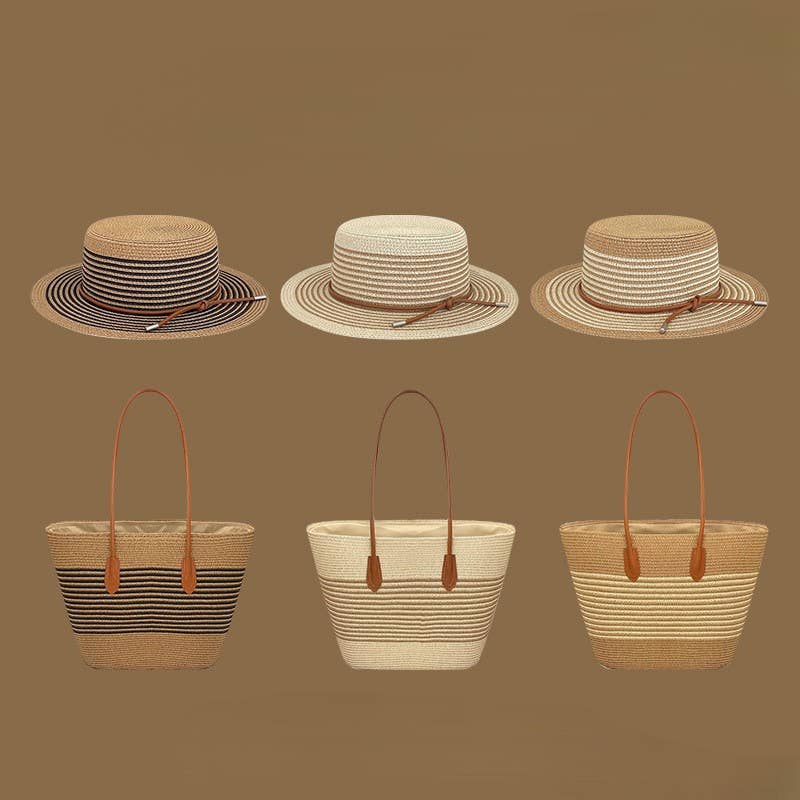 Beach Striped Straw Hat & Straw Tote Combo Set: A1 / M