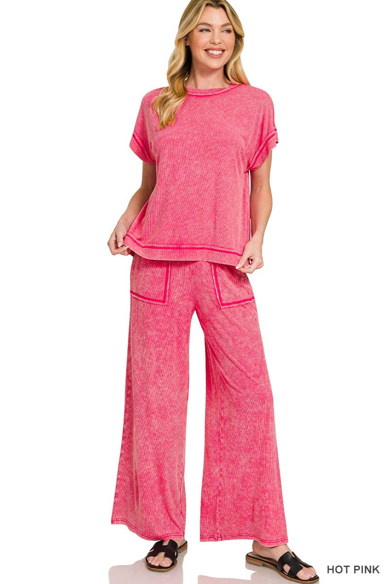 `Ribbed Washed Rayon Top & Pants Set Zenana: ASH MOCHA-186685 / L