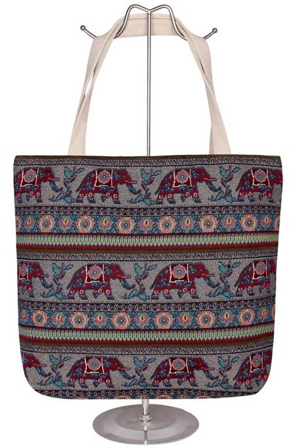 Boho Scenic Ethnic Lucky Elephant Woven Novelty Canvas Tote: Beige