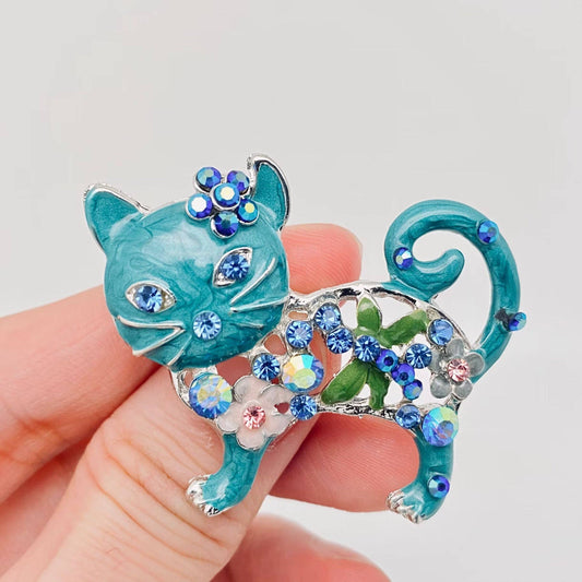 Enamel Kitten Rhinestone Brooch Pin For Clothes: Green