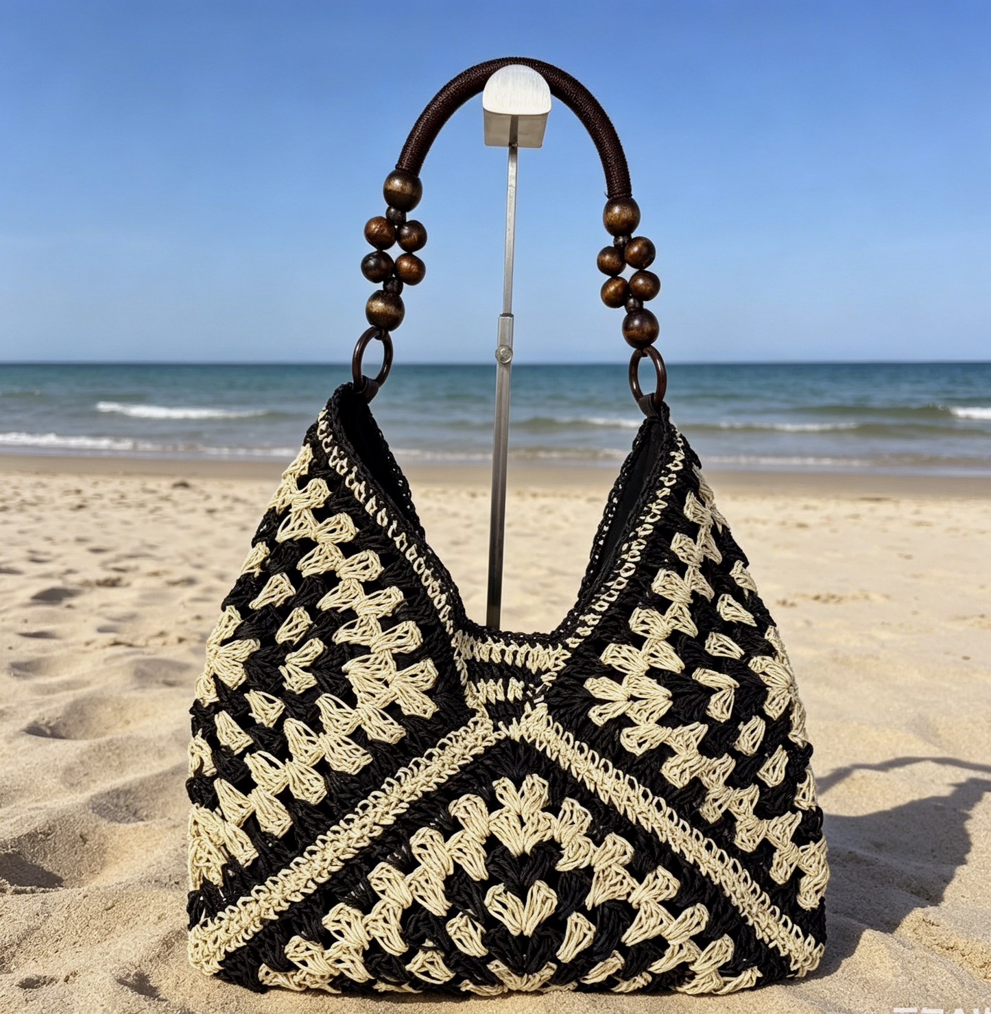 Crochet Straw Hobo Bag Bead Hollow Shoulder Bag: Khaki / M