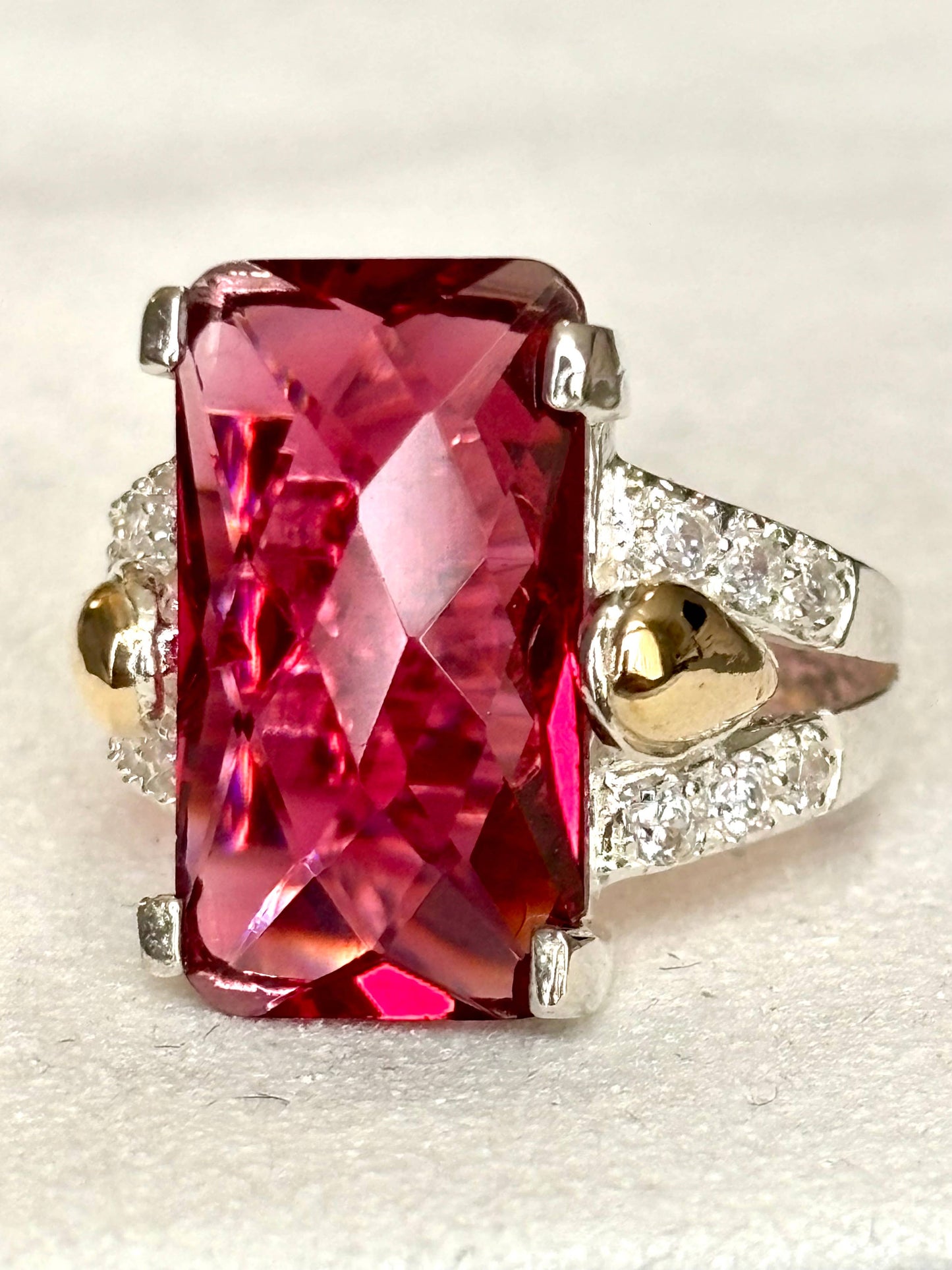 Solid 925 Silver Ring with Red Ruby-Style Stone and 10K Gold: 7