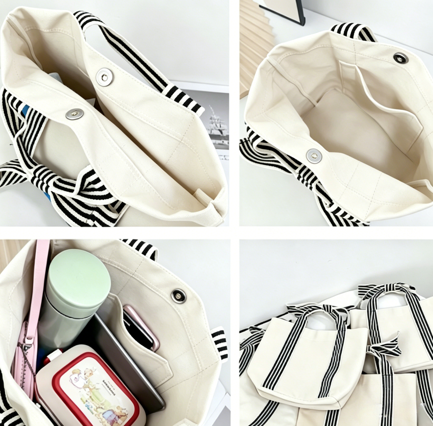 Striped Canvas Tote Bag Bow Handle Bag: Red / M