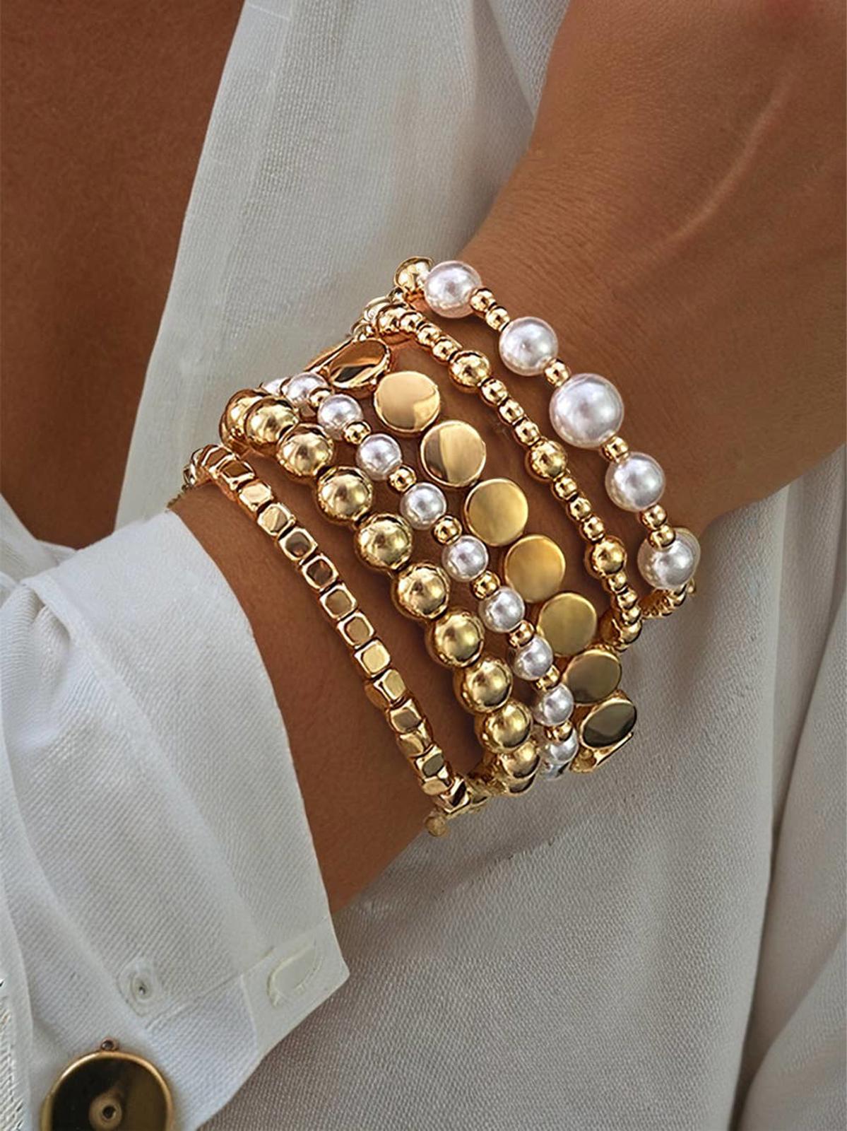 Gold & Pearl Beaded Multi Layer Elastic Bracelets 6 pcs