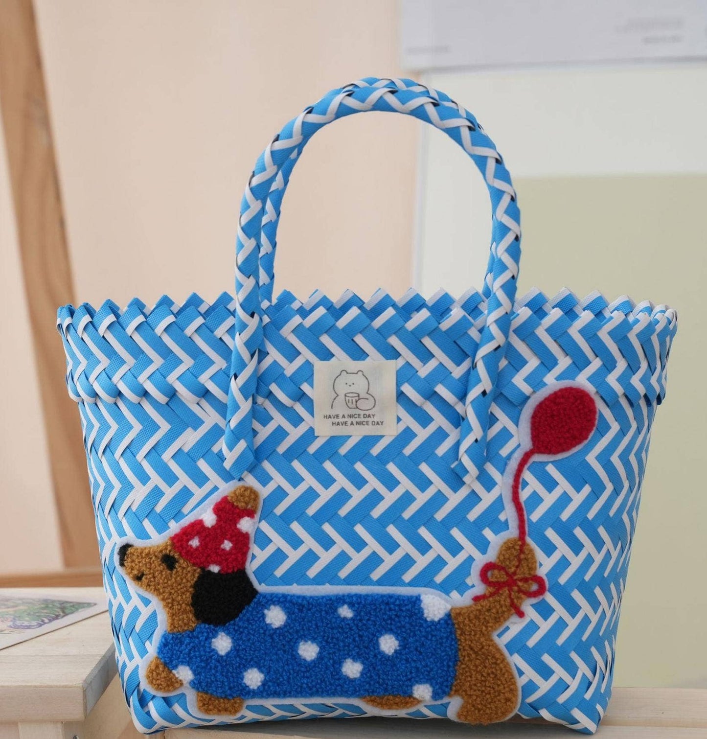 Dachshund Dog PVC Woven Handbag Beach Picnic Basket: Navyblue / M