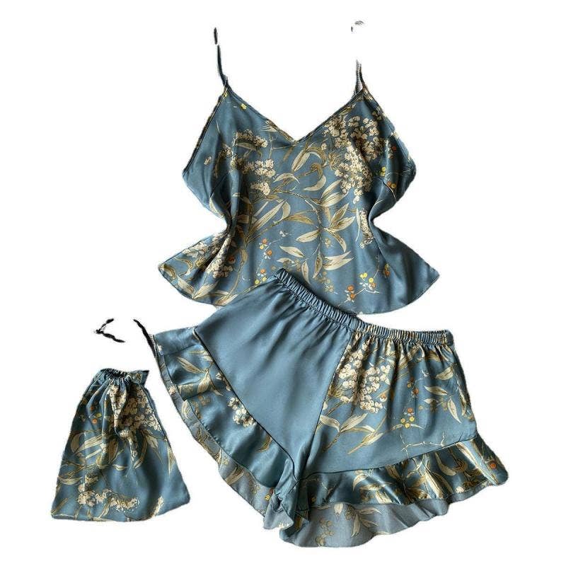 Women Fashion Printed Silk Pajamas Two-Piece Set: Green Cherry / L