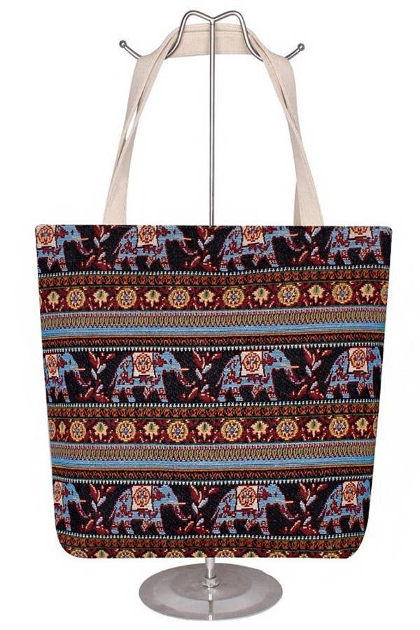 Boho Scenic Ethnic Lucky Elephant Woven Novelty Canvas Tote: Beige