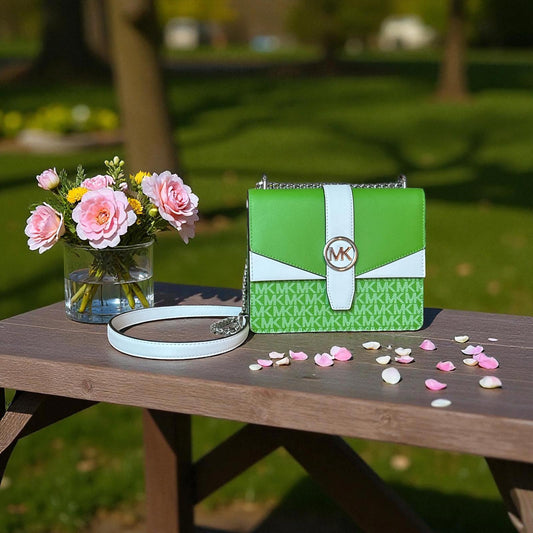 Michael Kors Green and White Logo Chain Shoulder Bag NWT