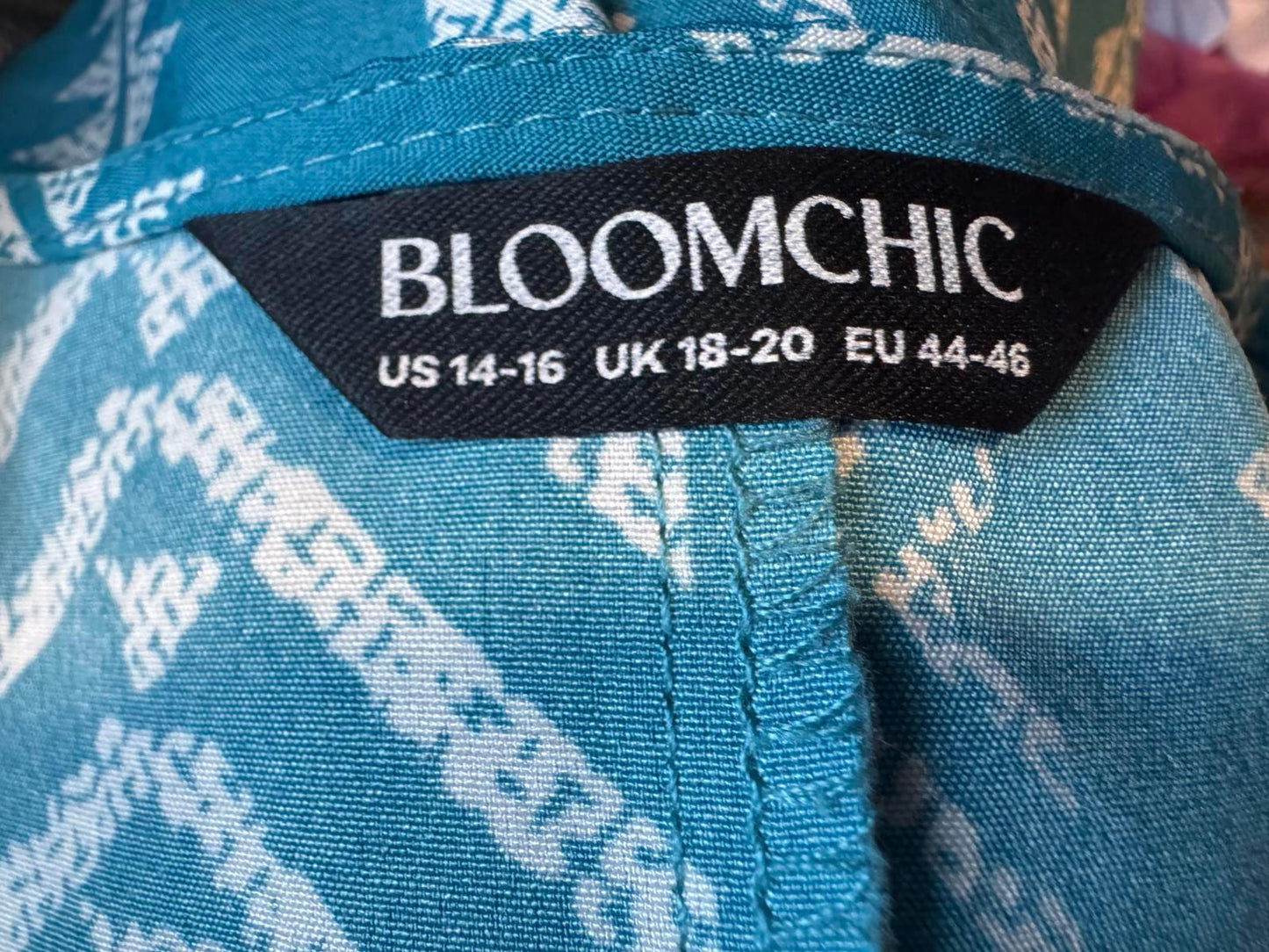 BloomChic Teal Blue Patterned Midi Dress with V-Neck XL