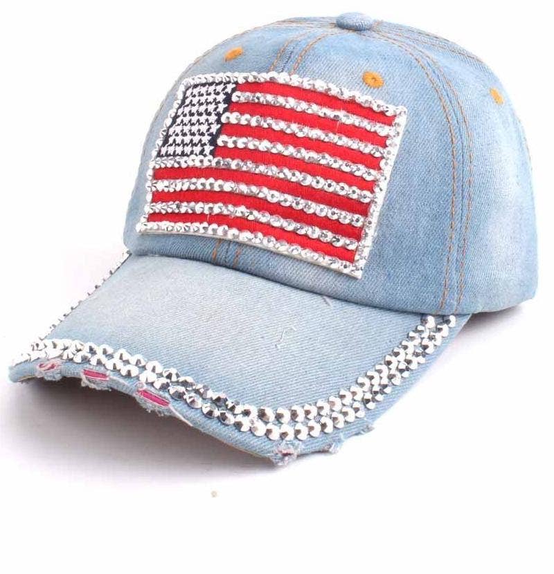 Fourth of July American flag rhinestones baseball cap: Mblue / M