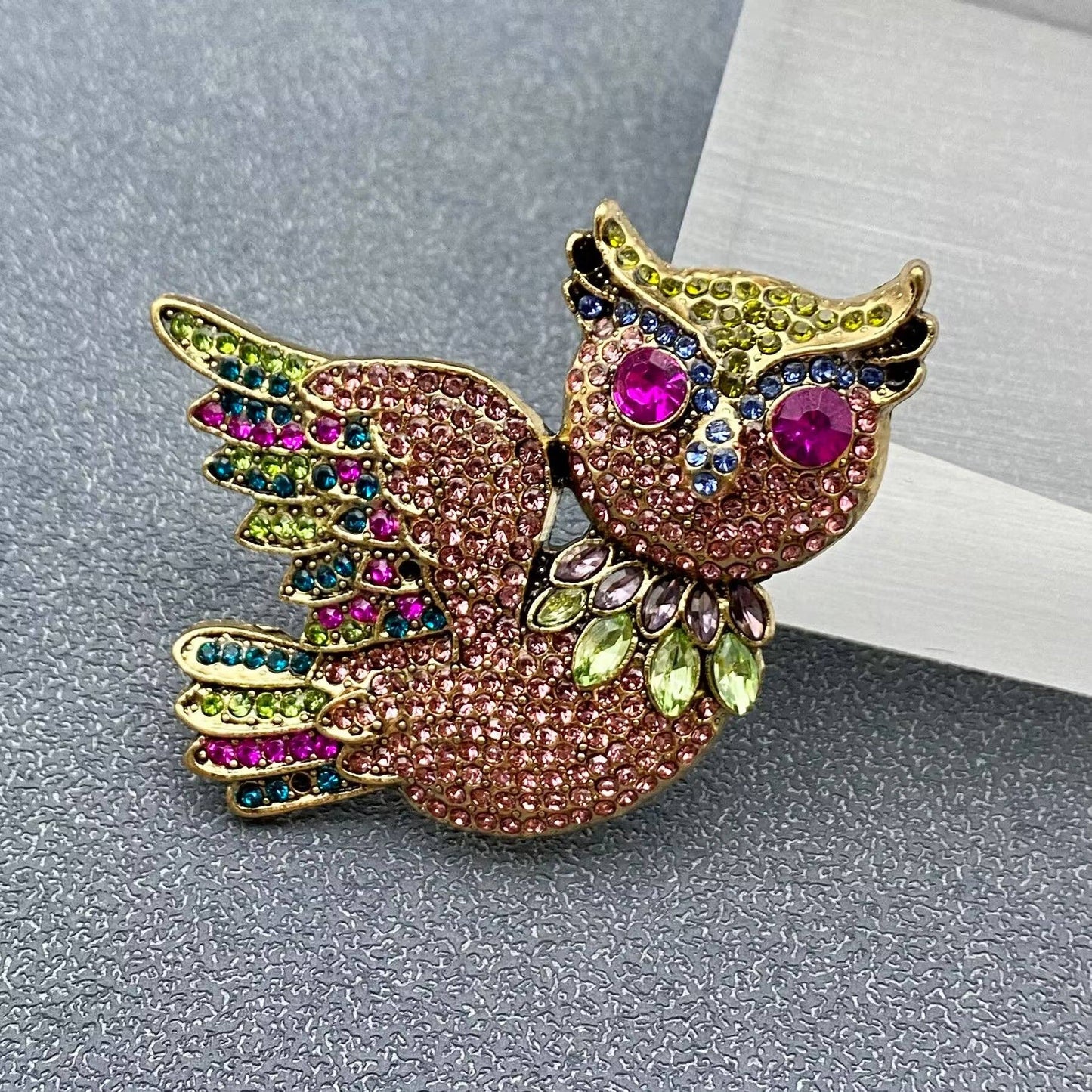 Rhinestone Flying Owl Brooch