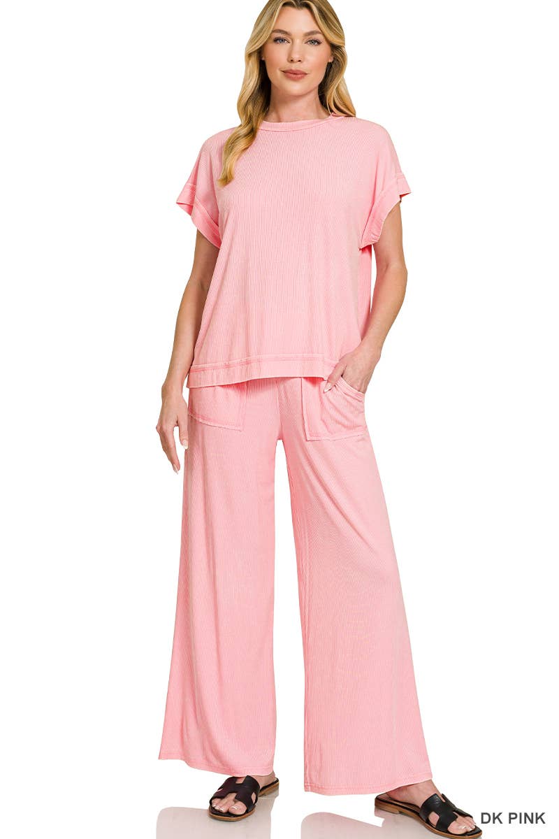 `Ribbed Washed Rayon Top & Pants Set Zenana: SLEET-186686 / M