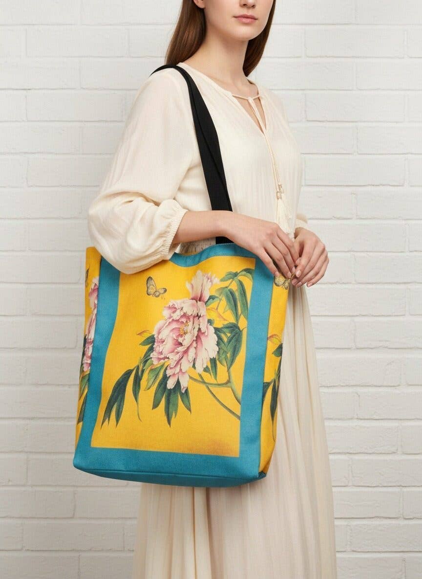 JCB16 Teal-Yellow Peony Luxury Thick Canvas Tote with Side Gusset