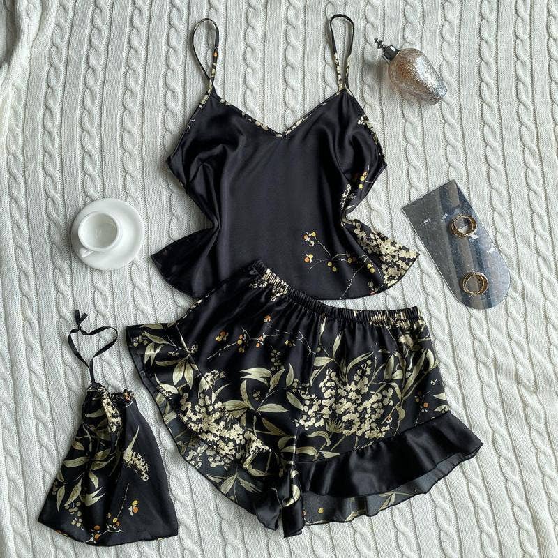 Women Fashion Printed Silk Pajamas Two-Piece Set: Green Cherry / L