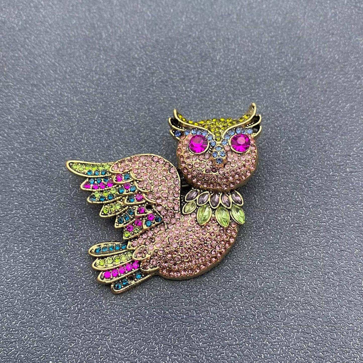 Rhinestone Flying Owl Brooch