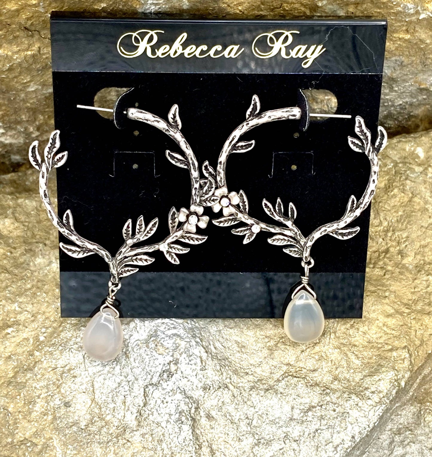 Vintage Silver Hoop Flower Earrings with Crystal Drop