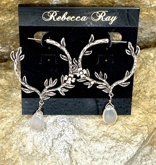 Vintage Silver Hoop Flower Earrings with Crystal Drop