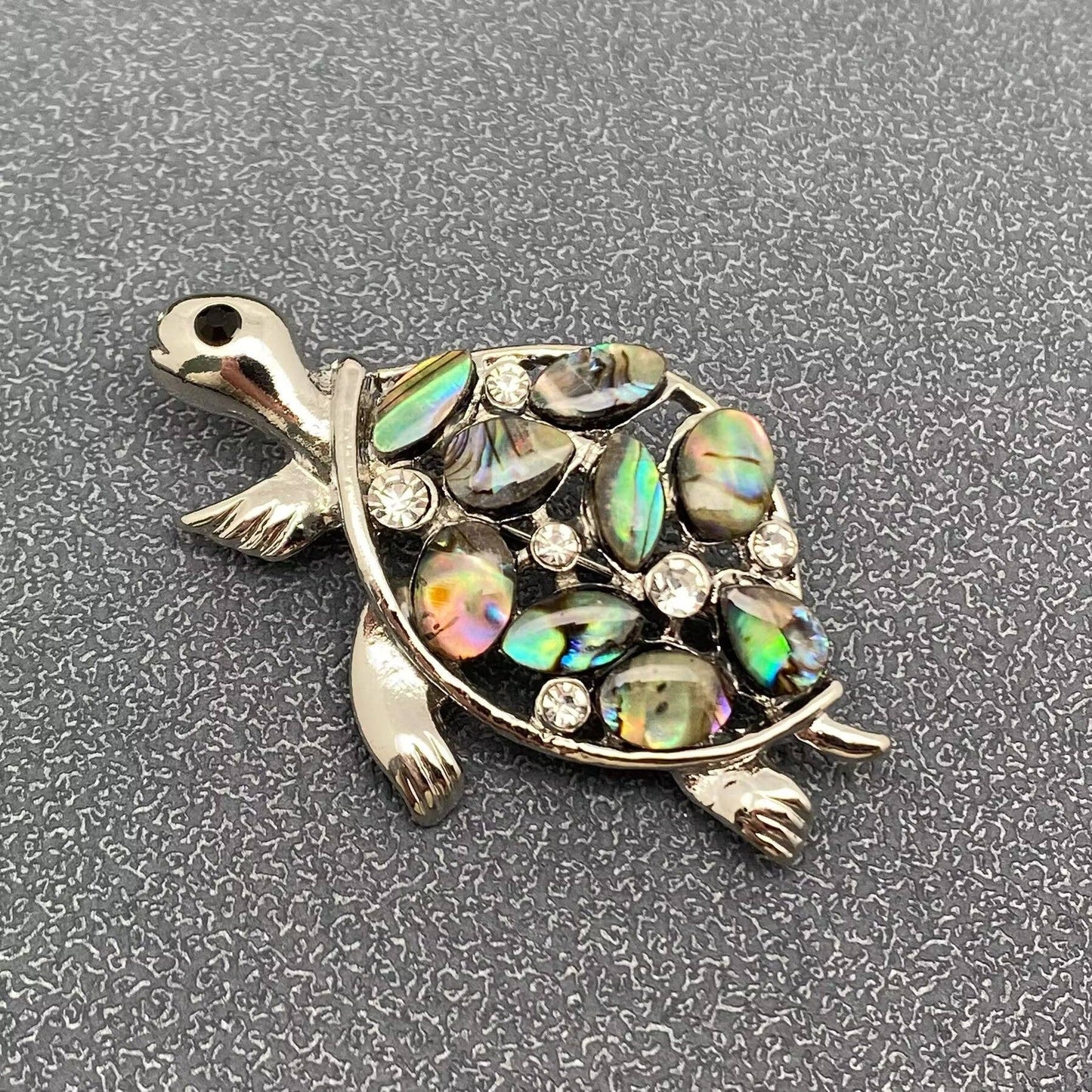 Abalone Shell & Rhinestone Turtle Silver Tone Brooch