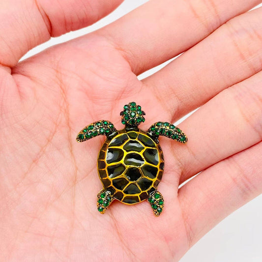 Enamel Green Rhinestone Turtle Brooch