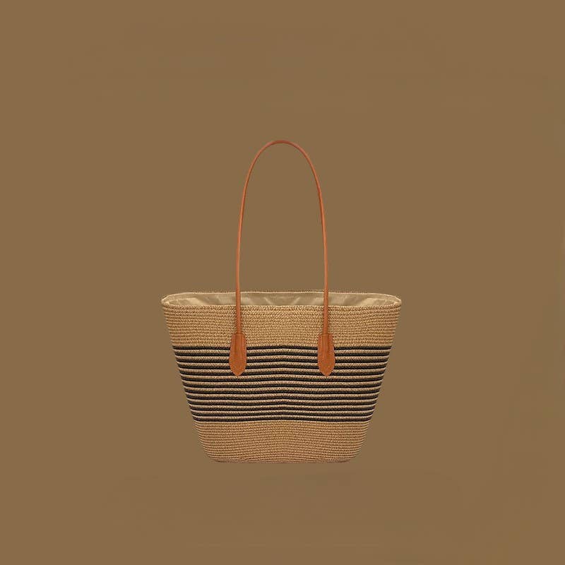 Beach Striped Straw Hat & Straw Tote Combo Set: B1 / M