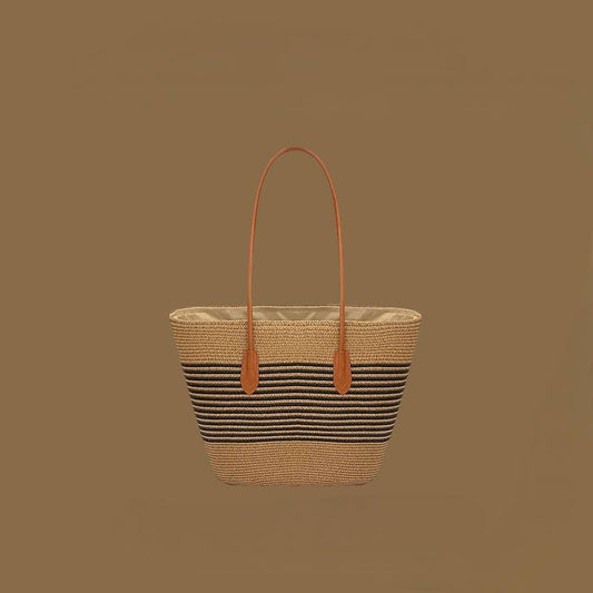 Beach Striped Straw Hat & Straw Tote Combo Set: B1 / M