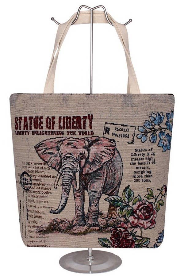 Boho Scenic Ethnic Lucky Elephant Woven Novelty Canvas Tote: Beige