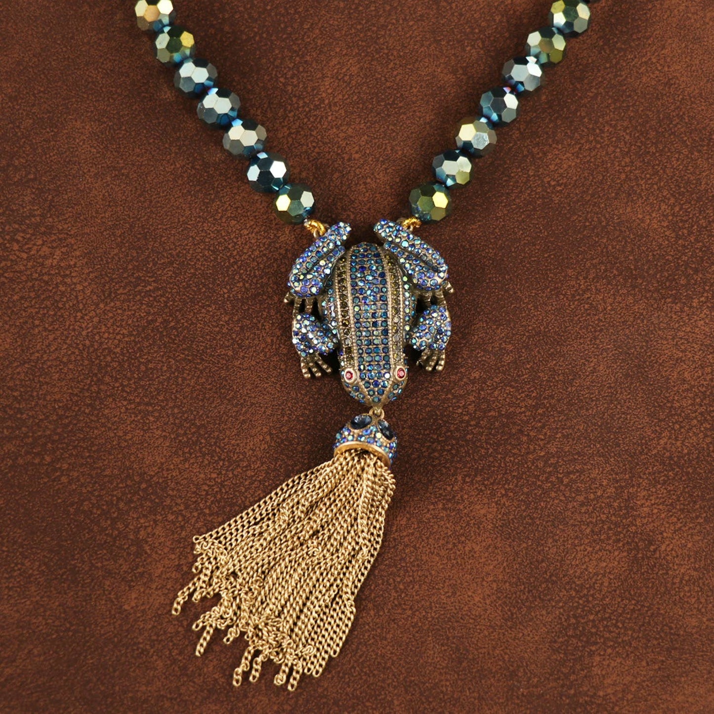 Vintage Frog Gold plated Necklace with Tassel and Crystal