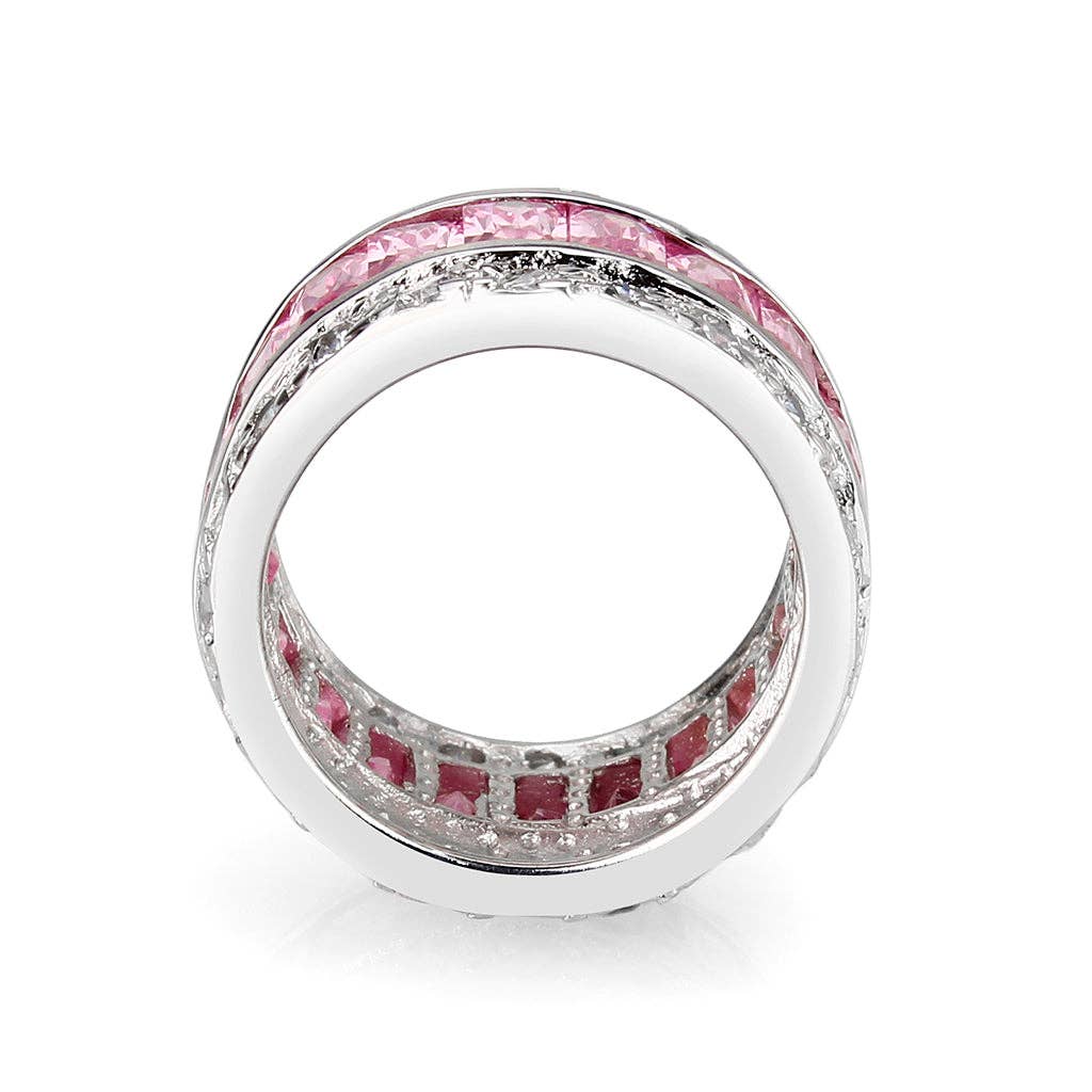 LO5W043- Rhodium Plated Brass Ring with CZ IN Pink: 5