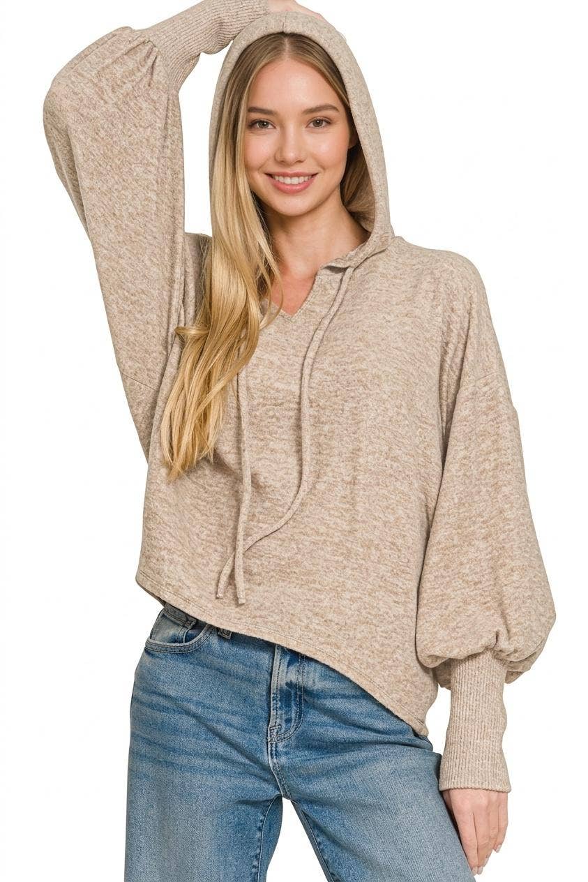 Soft Brushed Hacci Cropped Balloon Sleeve Hoodie Zenana: DUSTY BLUE-201630 / L/XL