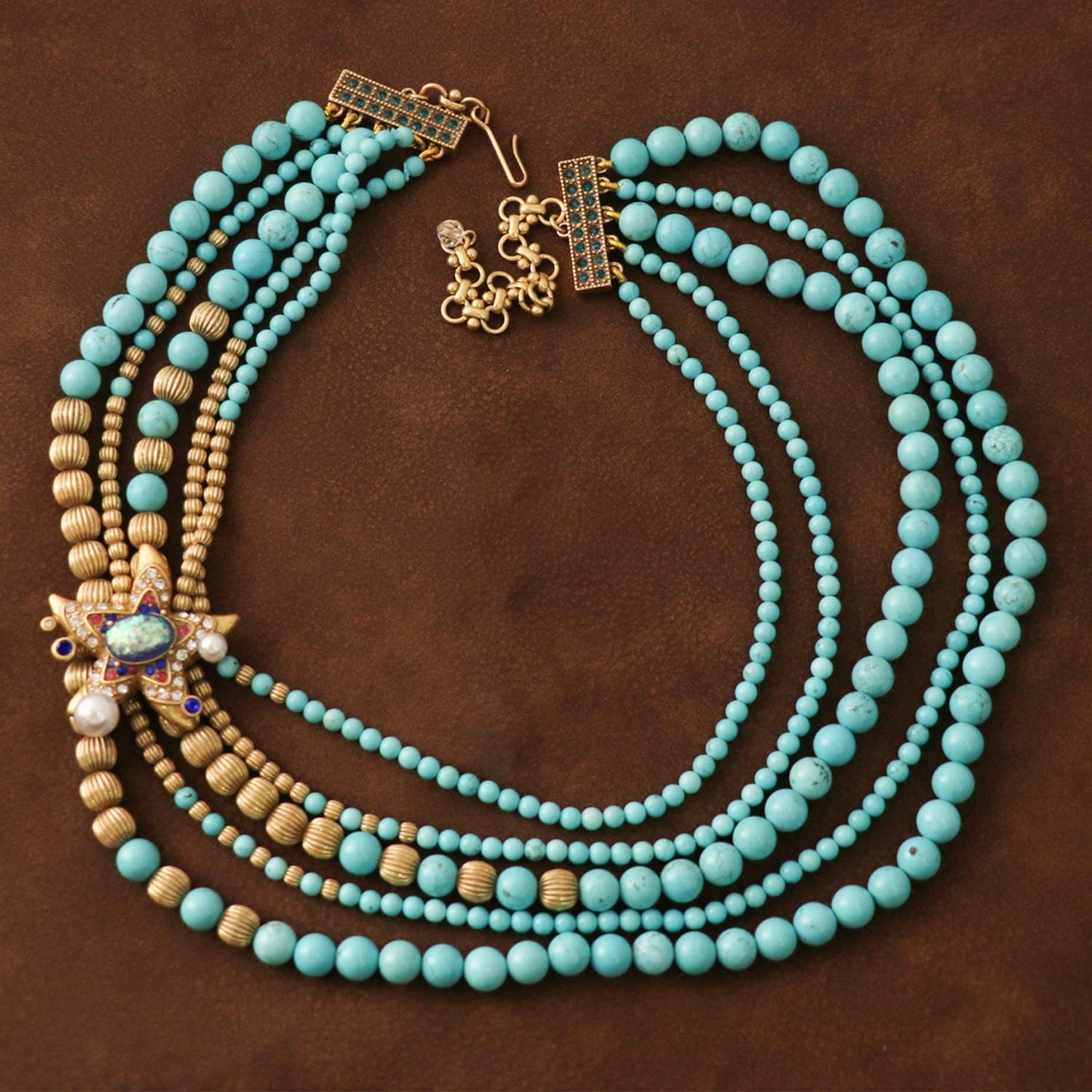 Vintage Gold-Plated Turquoise&Crystal Multi-Layer Necklace