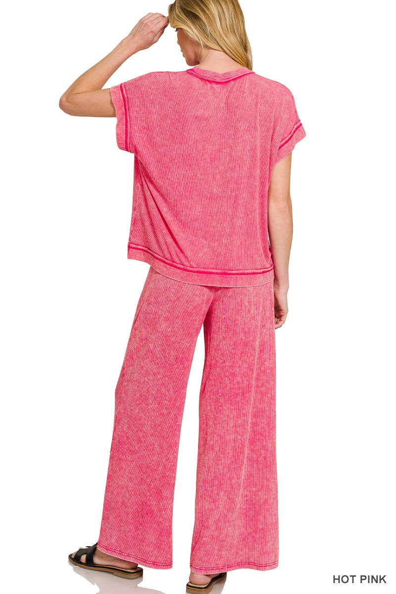 `Ribbed Washed Rayon Top & Pants Set Zenana: ASH MOCHA-186685 / L