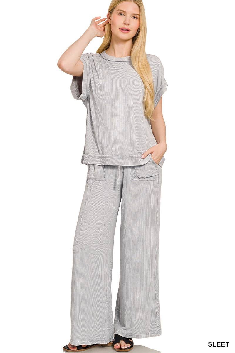 `Ribbed Washed Rayon Top & Pants Set Zenana: ASH MOCHA-186685 / M