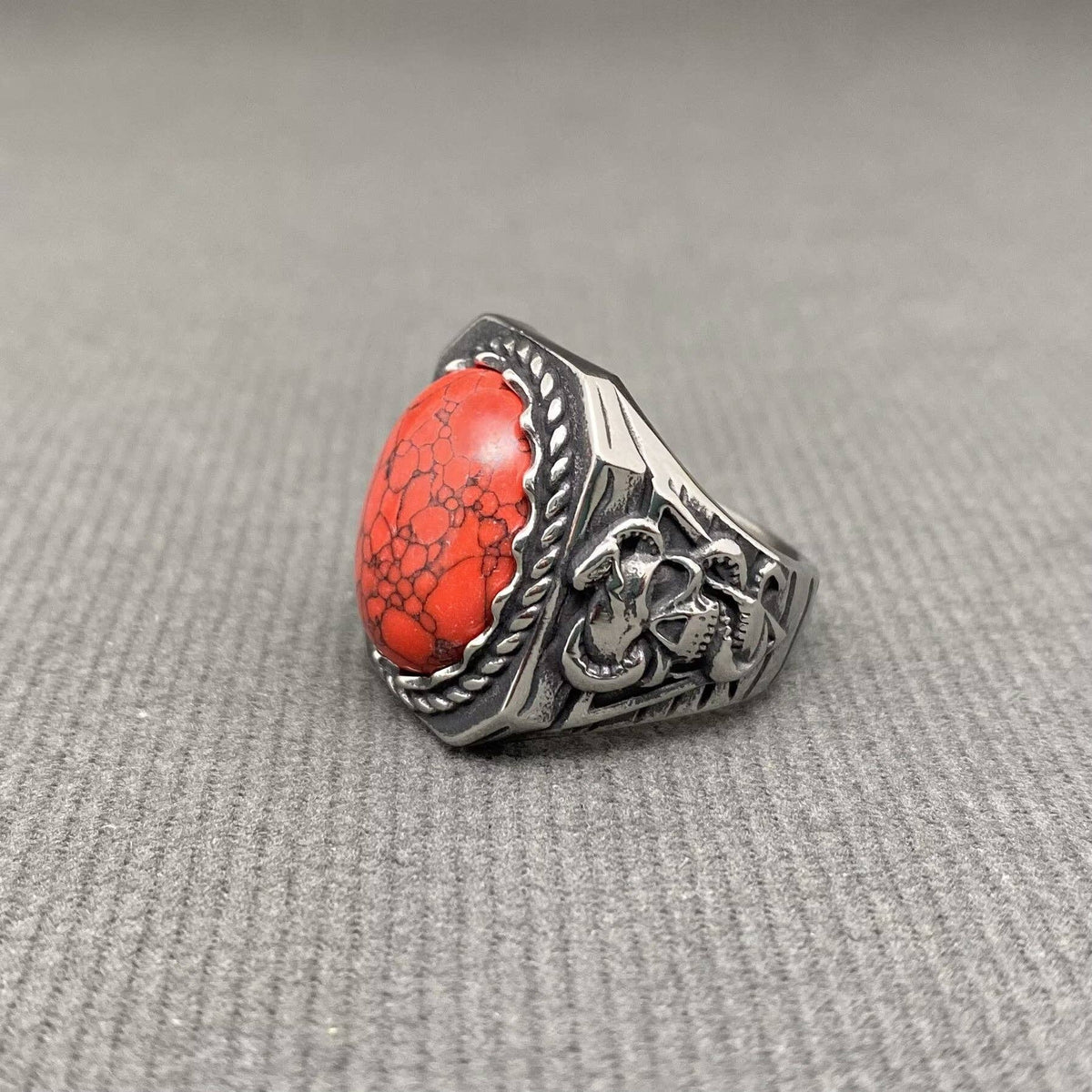 Turquoise Inlaid Skull Men's Stainless Steel Ring - MJ/MR: Red / 10