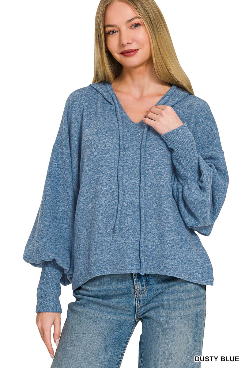 Soft Brushed Hacci Cropped Balloon Sleeve Hoodie Zenana: DUSTY BLUE-201630 / L/XL