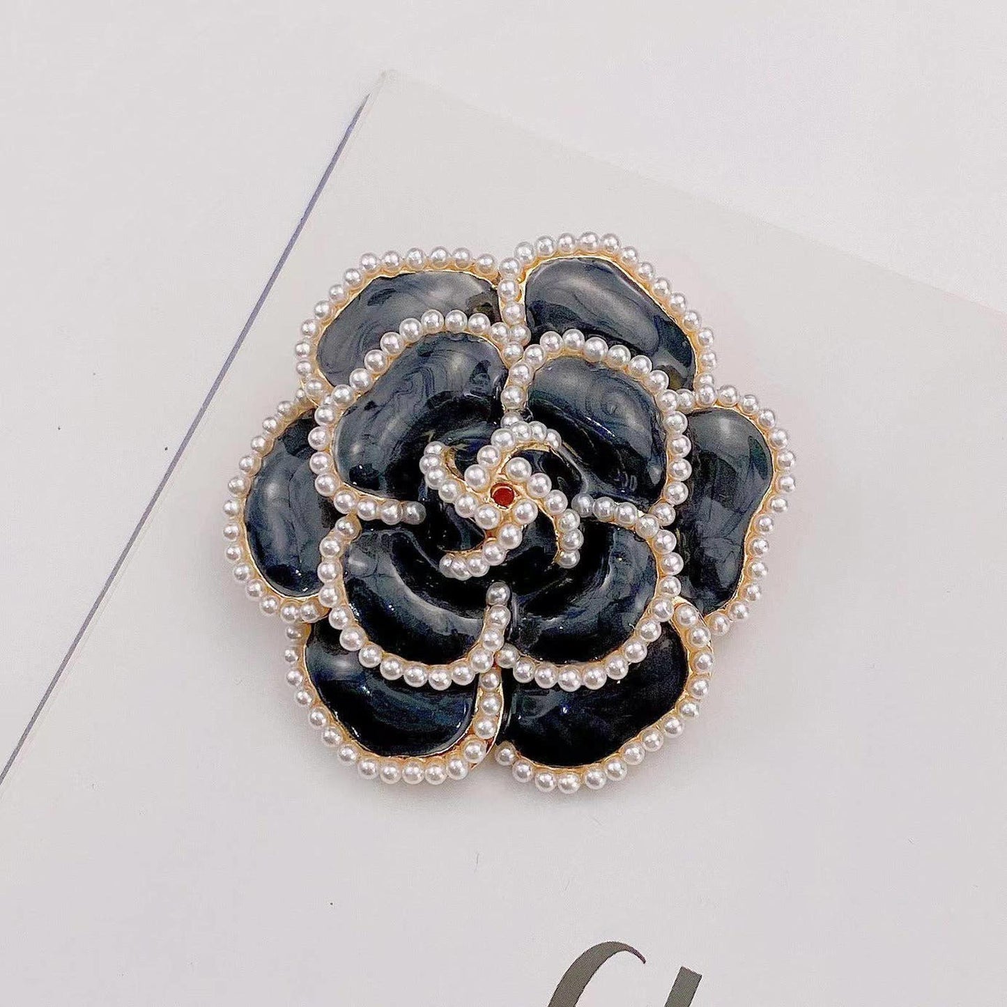 Black Flower Brooch with Pearl Accents Camellia Flower #2