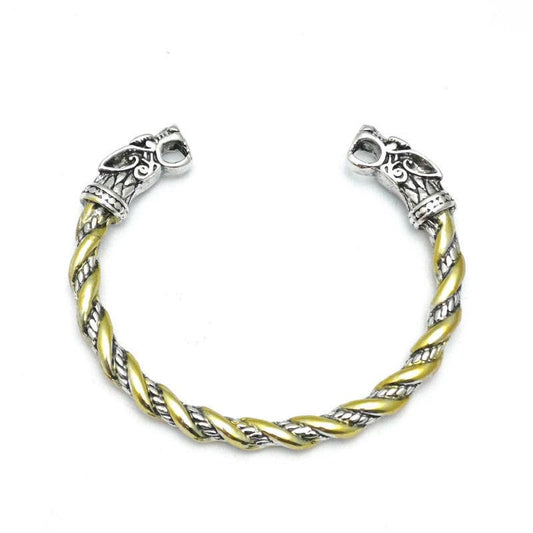Viking Wolf Head Bracelet Fashion Jewelry for Men: Two-Tone Gold