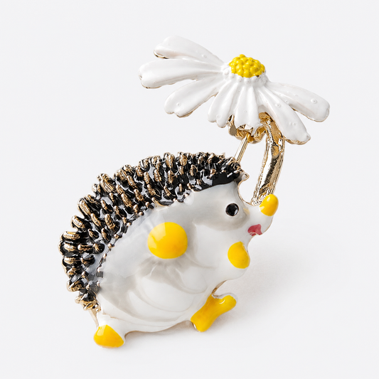 Whimsical Enamel Hedgehog and Daisy Brooch Pin: A1