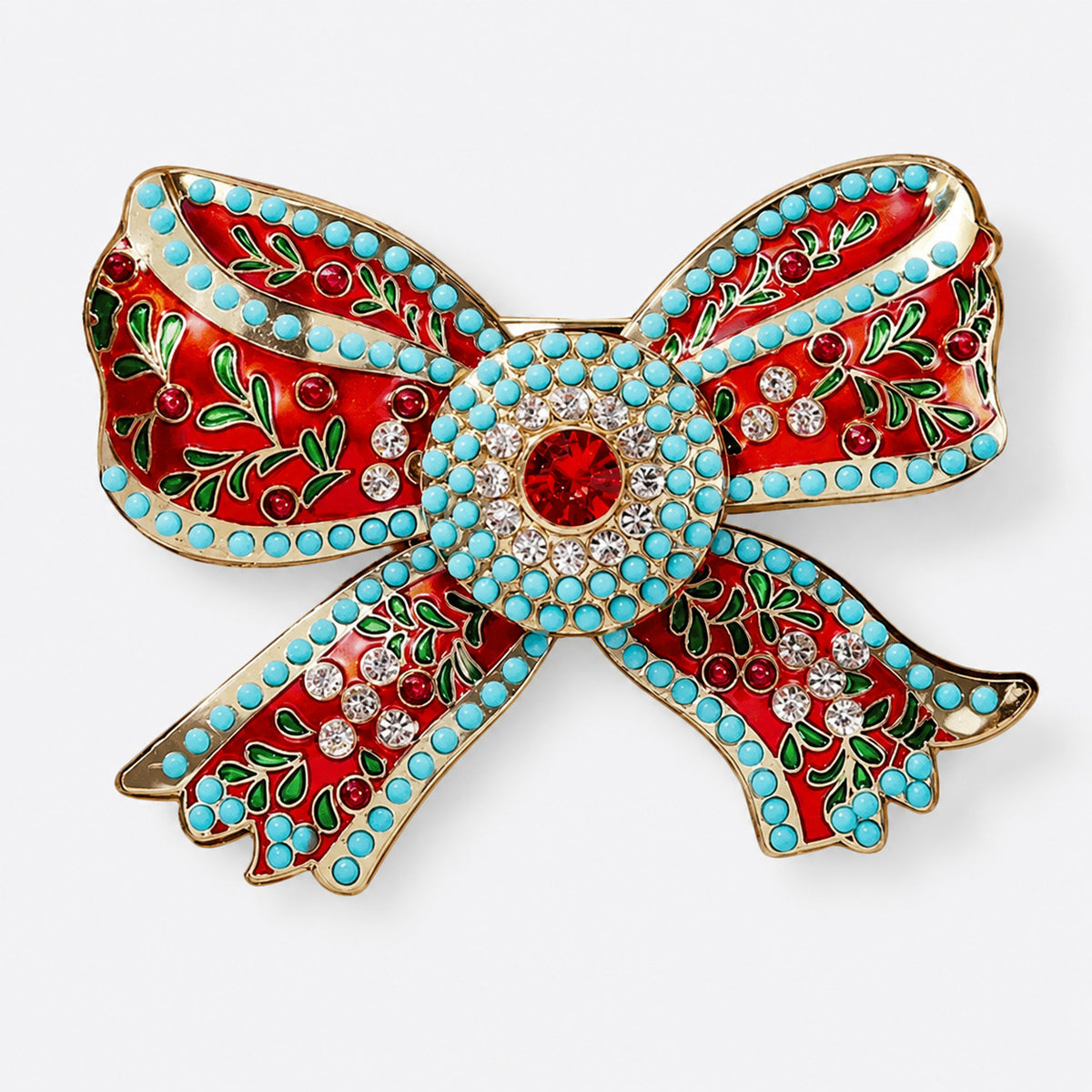 Decorative Bow Brooch with Red and Turquoise Accents
