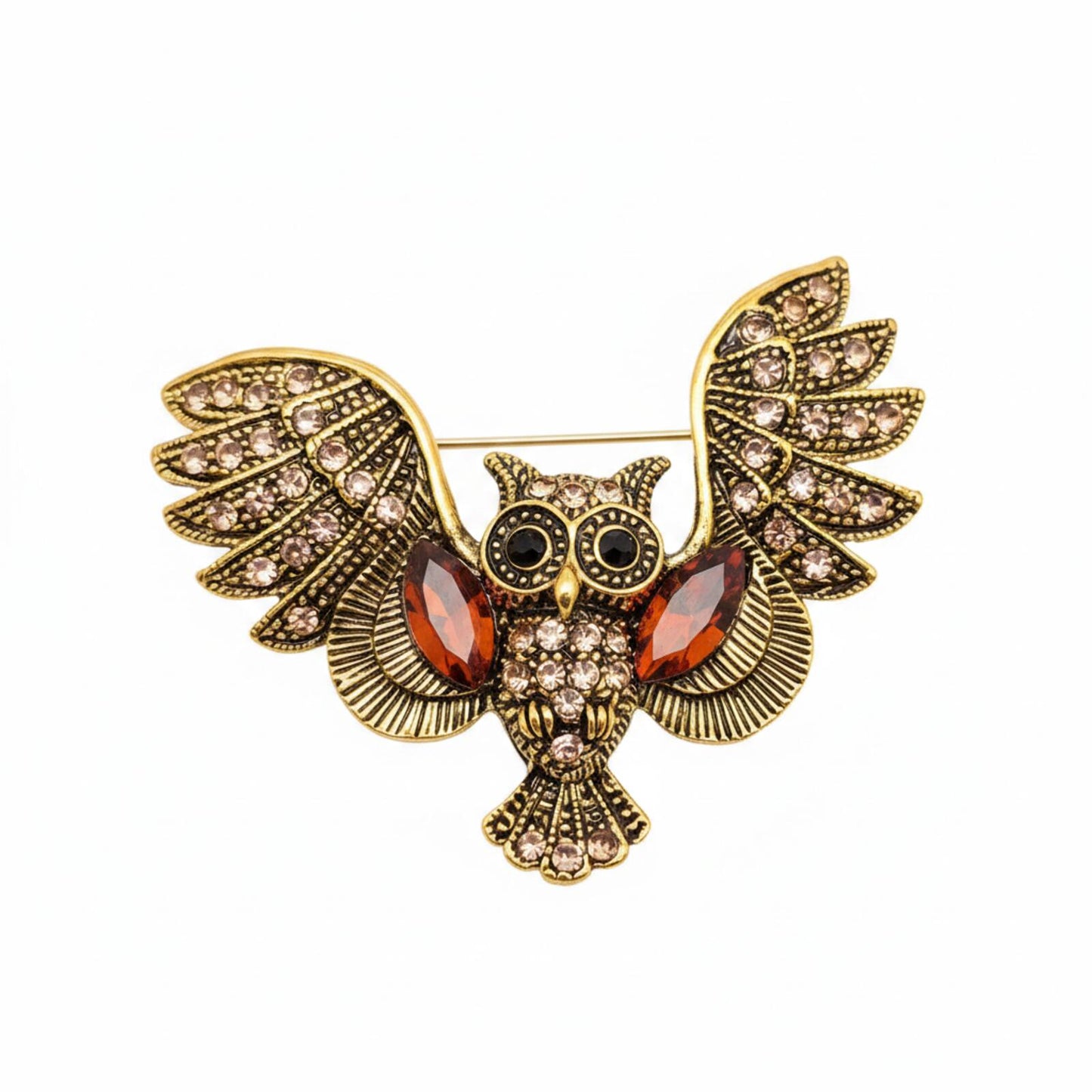 Gold-Tone Owl Brooch with Amber and Clear Rhinestones